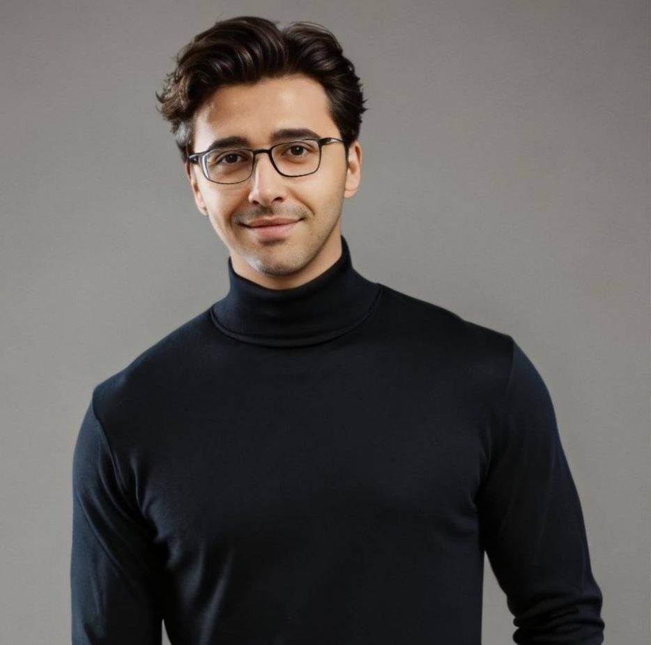 Person wearing a black turtleneck sweater in front of a plain gray background.